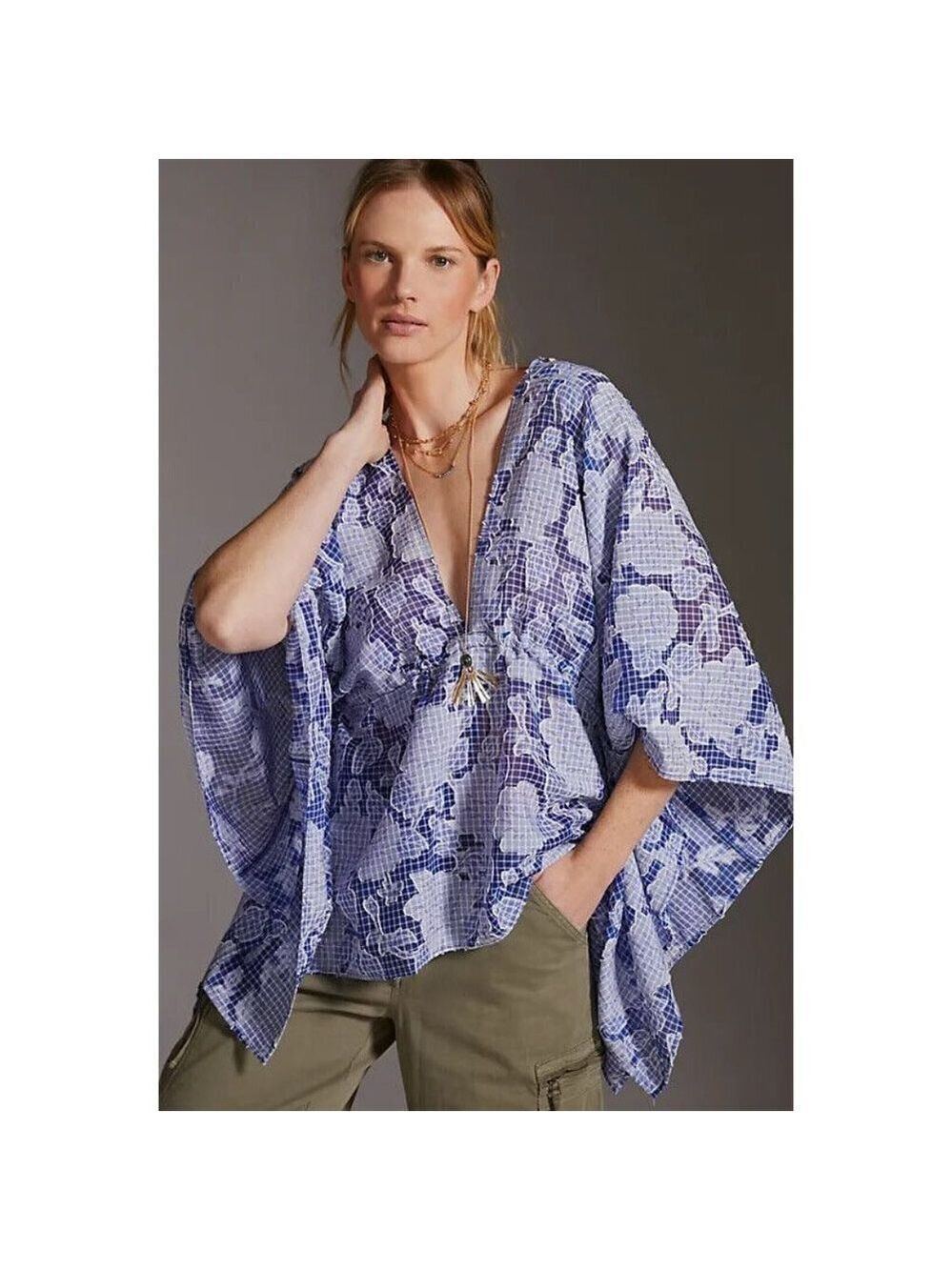 Anthropologie Tie-Front Blue Floral Caftan One Size